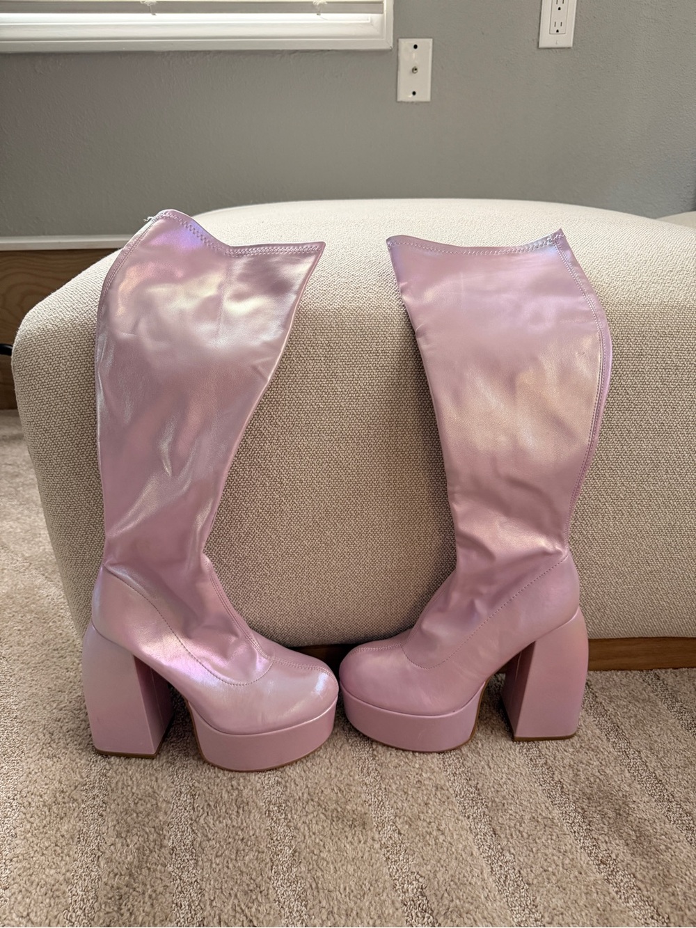 Platform Knee-High Boots in Shimmering Pink
